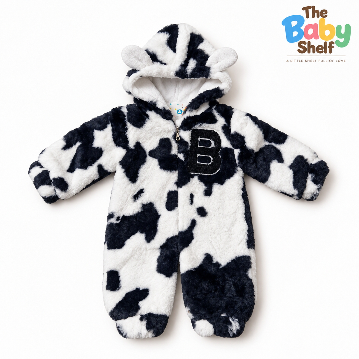 Cow Print Baby Hooded Romper – Black & White