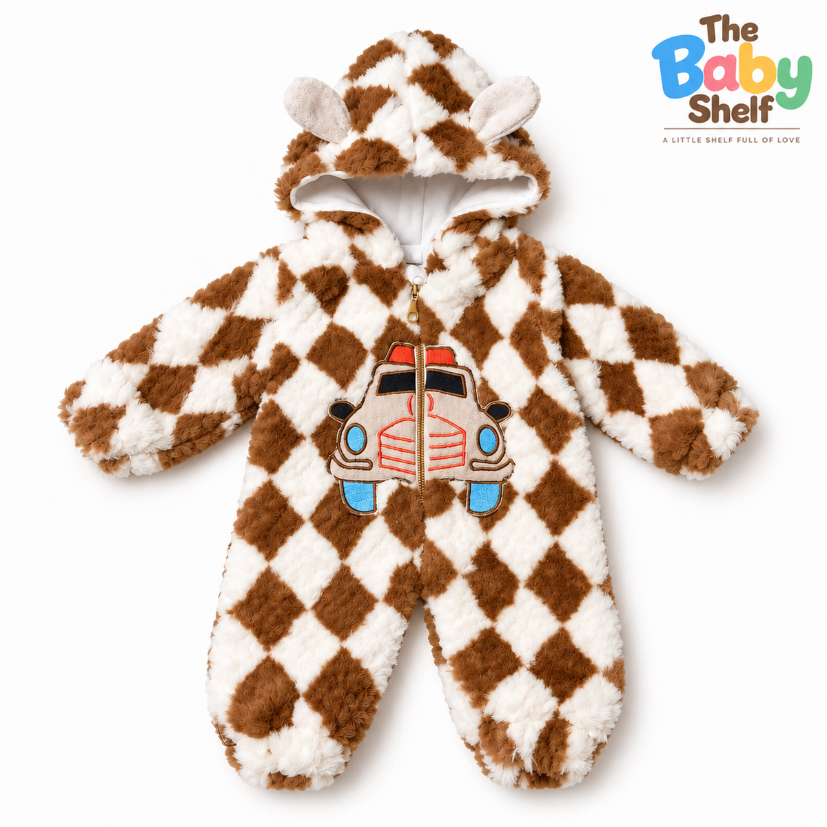 Cozy Car Baby Winter Hooded Romper – Brown & White